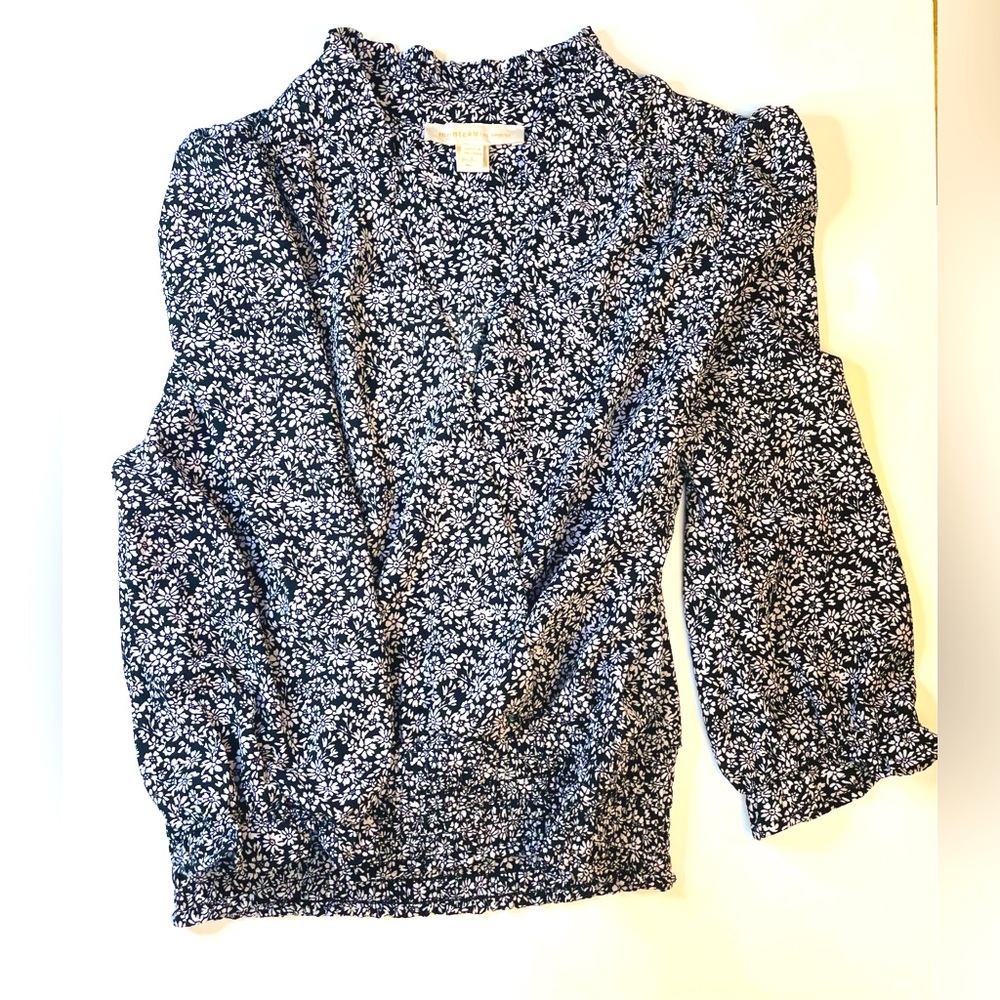 Blouse, ruched, black and white flower pattern